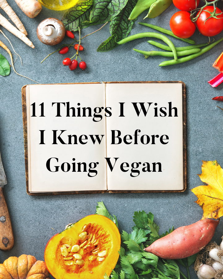 What I wish I knew before going vegan Pinterest graphic with imagery and text.
