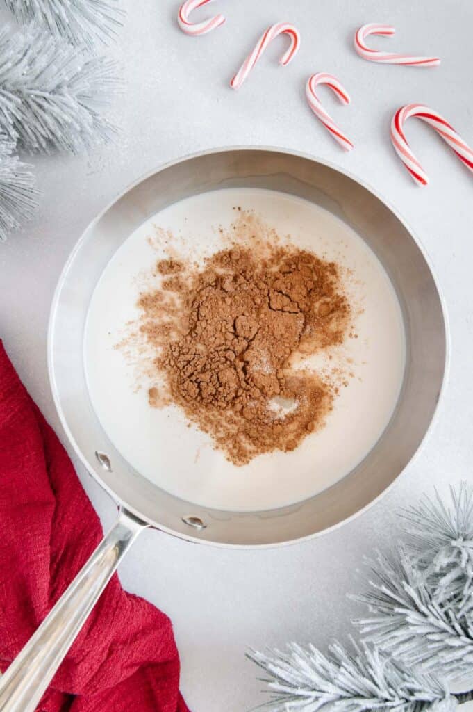 The milk and cocoa powder in a saucepan.