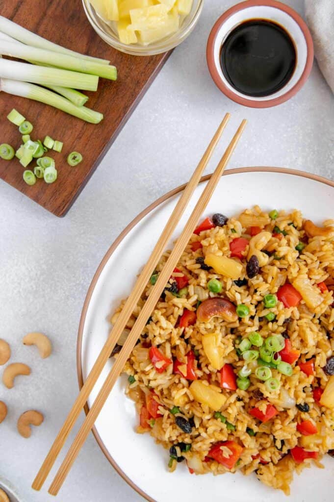 Cashew fried rice with pineapple and scallions.