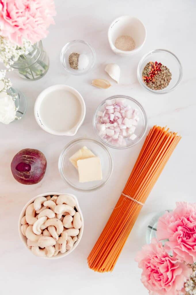 Ingredients to make a vegan pink pasta.