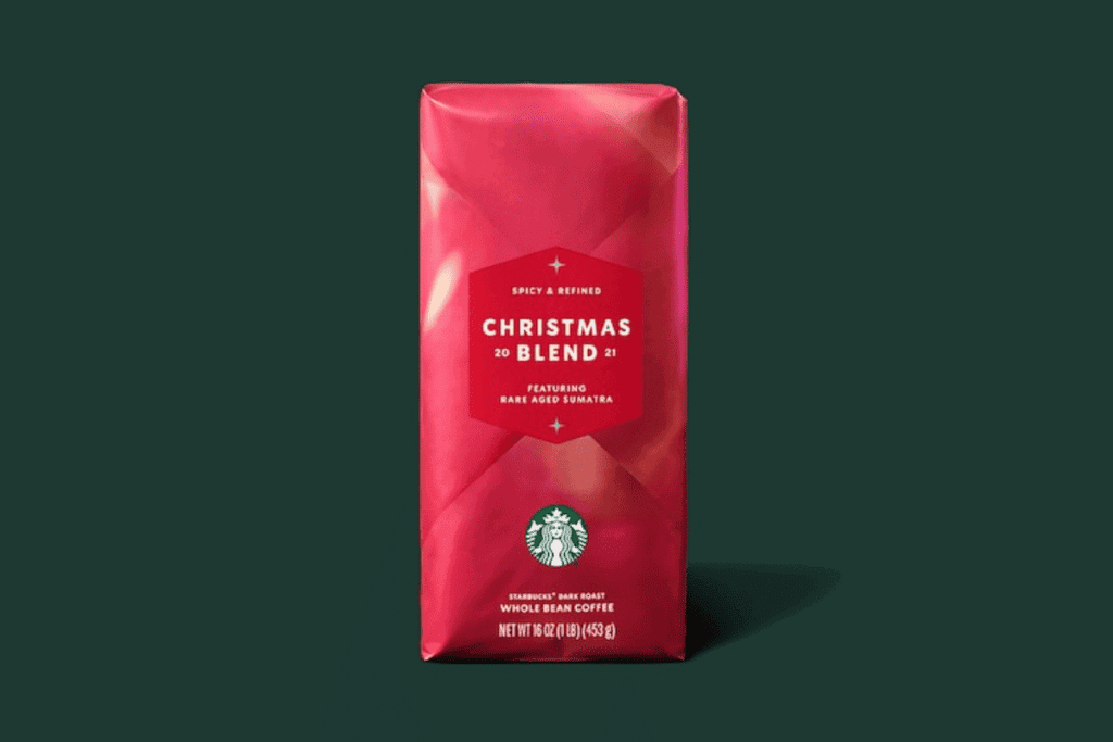 A bag of Starbucks Christmas blend coffee beans.