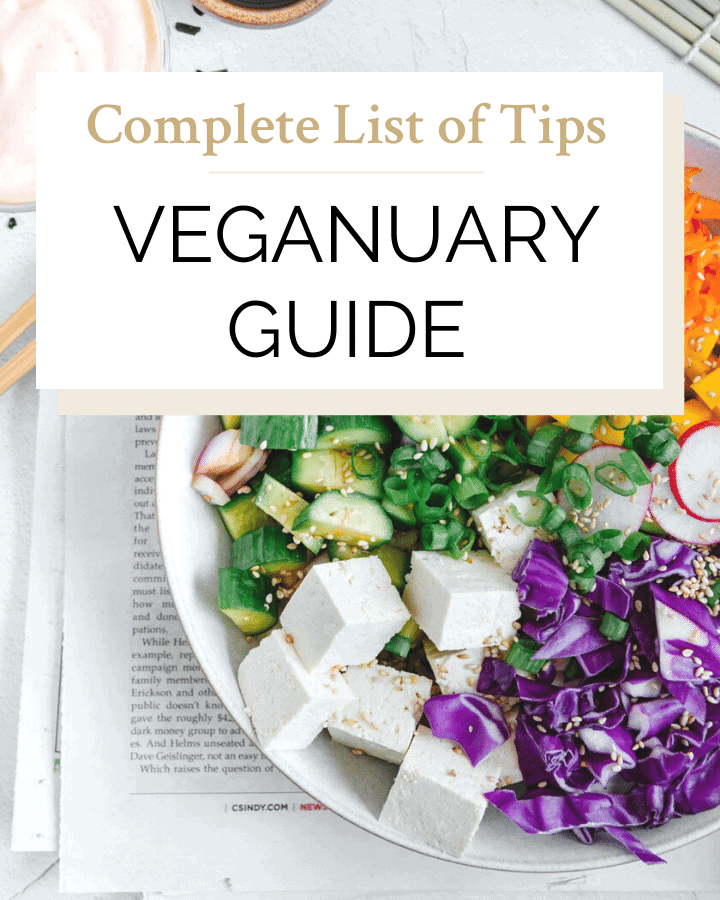 Tips for Veganuary Pinterest graphic with imagery and text.