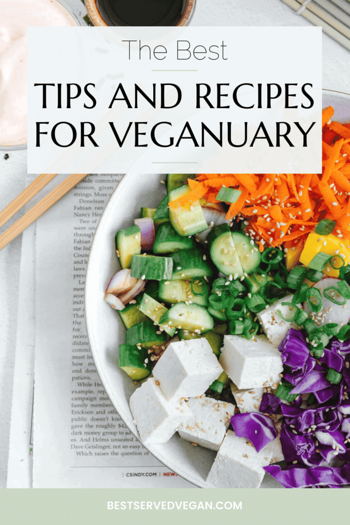 Tips for Veganuary Pinterest graphic with imagery and text.