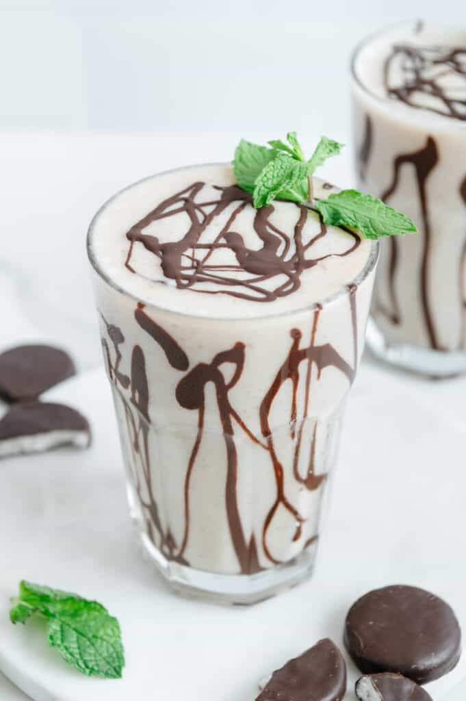 A peppermint patty smoothie with hardened chocolate.