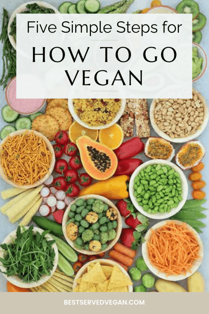 Steps to go vegan Pinterest graphic with imagery and text.
