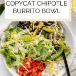 Vegan burrito bowl Pinterest graphic with imagery and text.