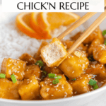Vegan orange tofu Pinterest graphic with imagery and text.