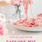 Vegan pink pasta Pinterest graphic with imagery and text.