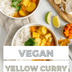 Vegan yellow curry Pinterest graphic with imagery and text.