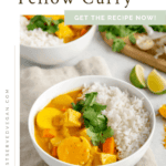 Vegan yellow curry Pinterest graphic with imagery and text.