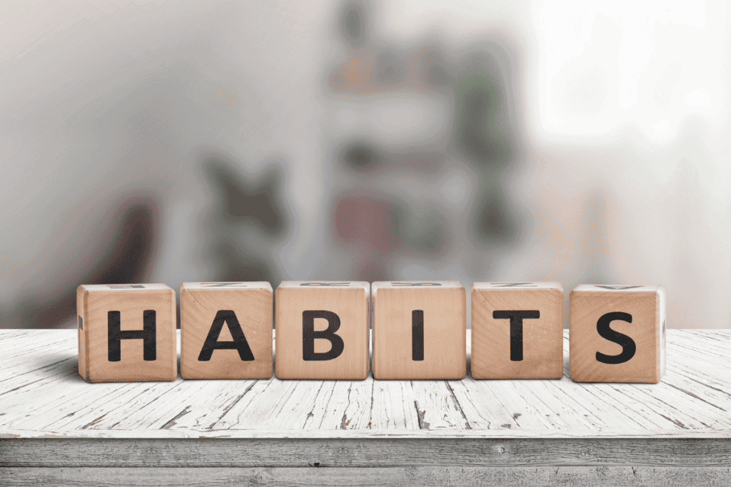 Wood blocks that spell "habits."