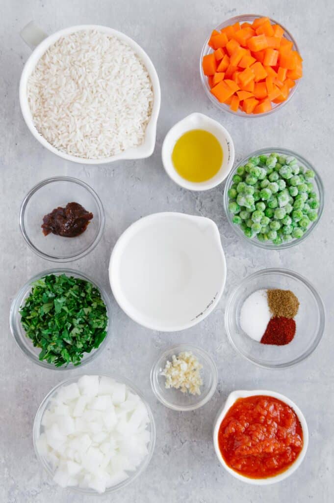 Ingredients to make Instant Pot Mexican rice.