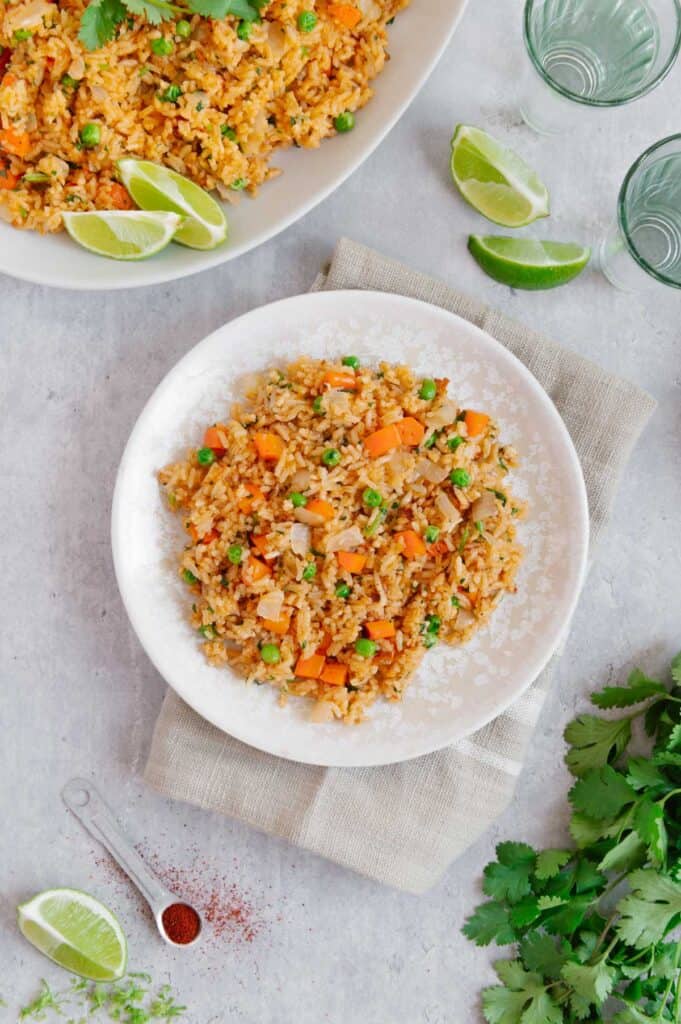A plate of Mexican rice made in an instant pot.