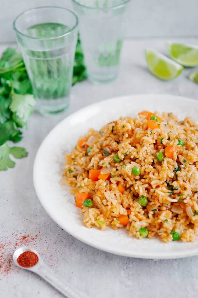 Upclose of a plate full of restaurant-style Mexican rice.
