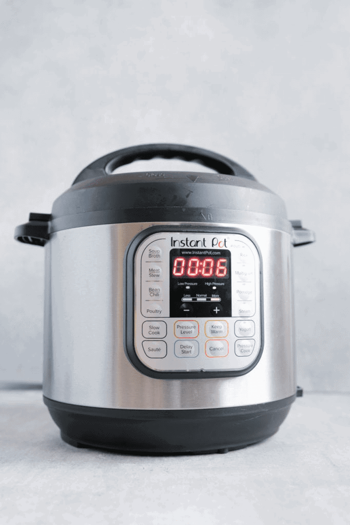 A Instant Pot set to high pressure for six minutes.