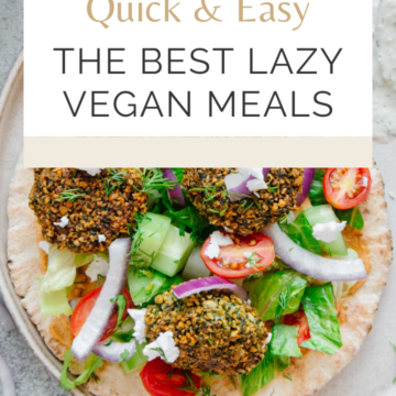 Lazy vegan meals Pinterest graphic with imagery and text.