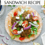 Falafel sandwich Pinterest graphic with imagery and text.