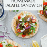 Falafel sandwich Pinterest graphic with imagery and text.