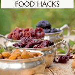 Vegan food hacks Pinterest graphic with imagery and text.