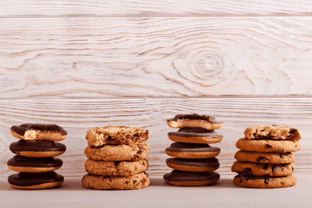 Several stacks of different Girl Scout cookies.