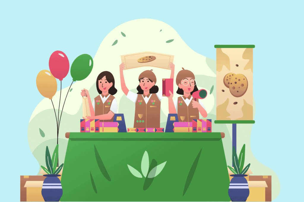 Animation of Girl Scout's selling cookies at a table.