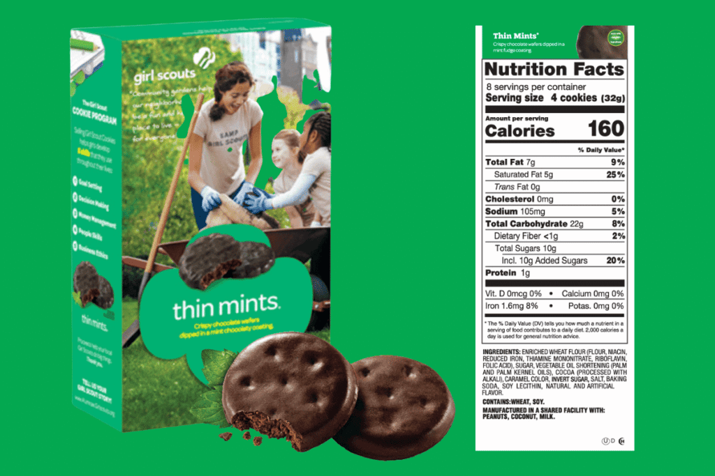 Girl Scout Thin Mints box with nutrition facts and ingredients.