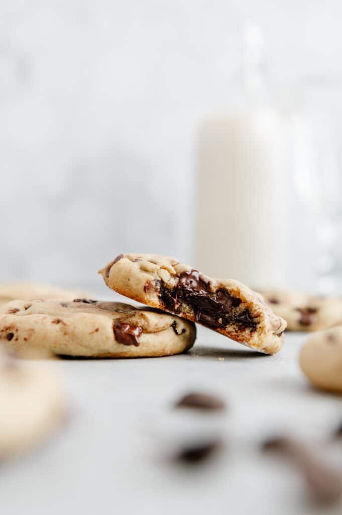 Close up showing the Nutella oozing out of the chocolate chip cookie.