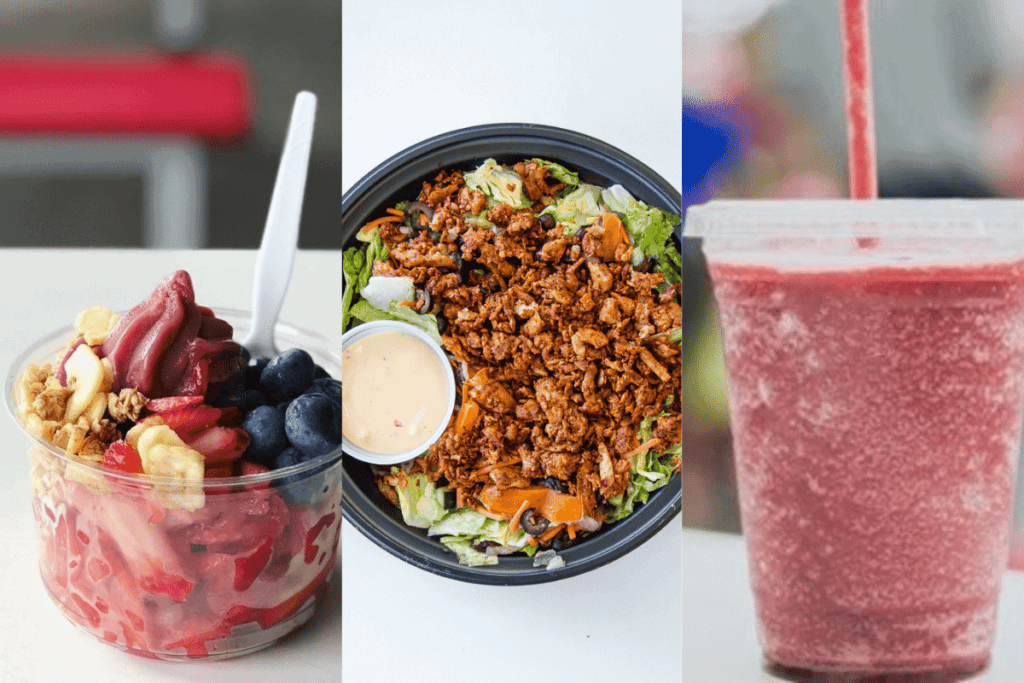 The acai bowl, al pastor salad, and berry smoothie from the Costco food court.