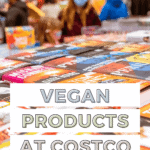 Vegan products at Costco Pinterest graphic with imagery and text.