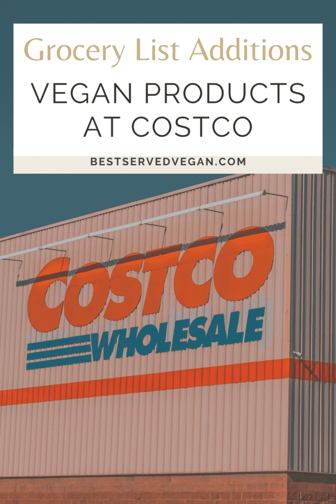 Vegan products at Costco Pinterest graphic with imagery and text.