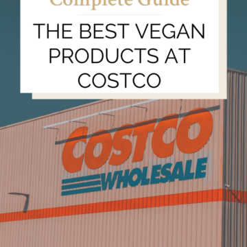 Vegan products at Costco Pinterest graphic with imagery and text.