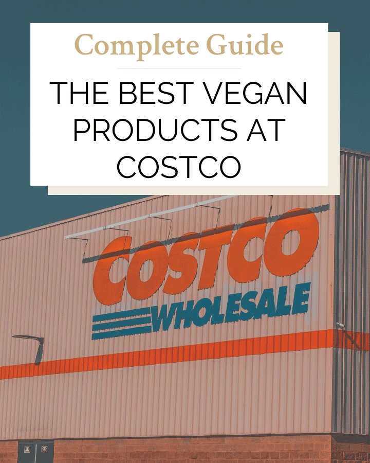 Vegan products at Costco Pinterest graphic with imagery and text.