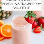 Vegan tropical smoothie Pinterest graphic with imagery and text.