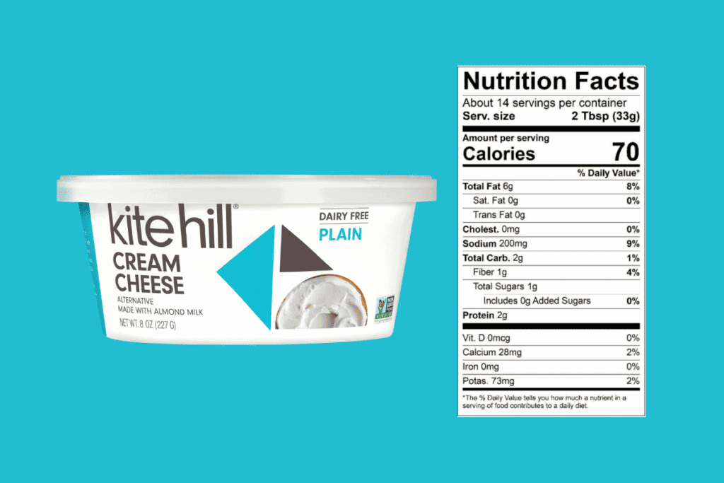 Kite Hill vegan cream cheese packaging and nutrition facts.