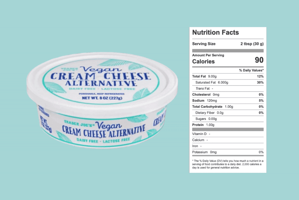 Trader Joe's vegan cream cheese packaging and nutrition facts.