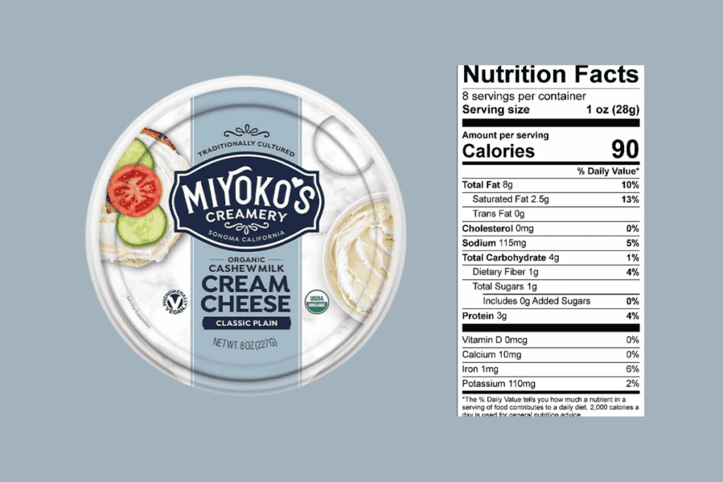 Miyokos vegan cream cheese packaging and nutrition facts.