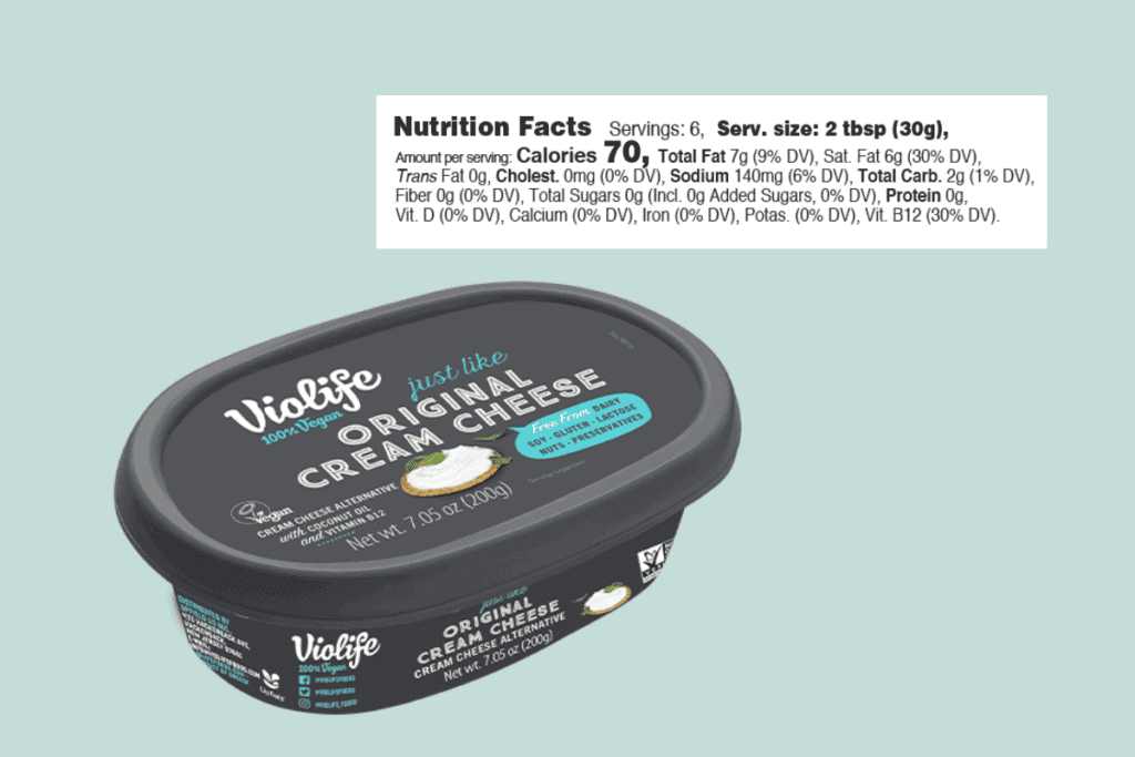 VioLife vegan cream cheese packaging and nutrition facts.