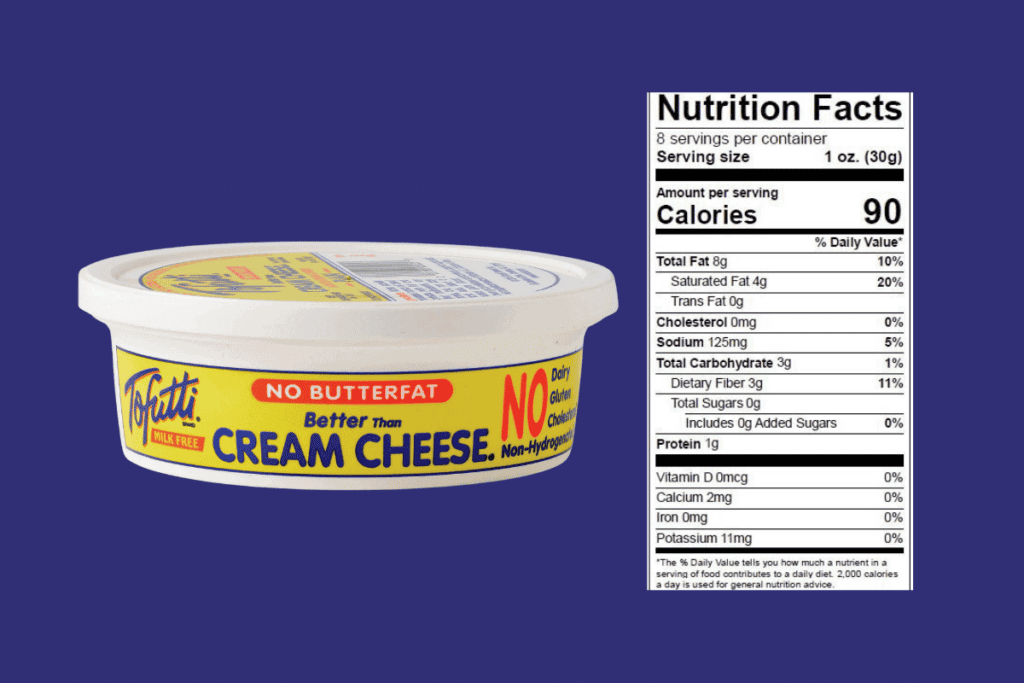 Tofutti vegan cream cheese packaging and nutrition facts.