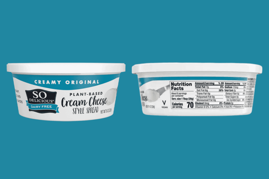 So Delicious vegan cream cheese packaging and nutrition facts.
