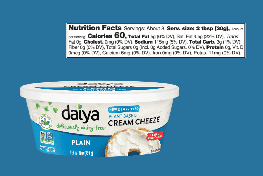 Daiya vegan cream cheese packaging and nutrition facts.