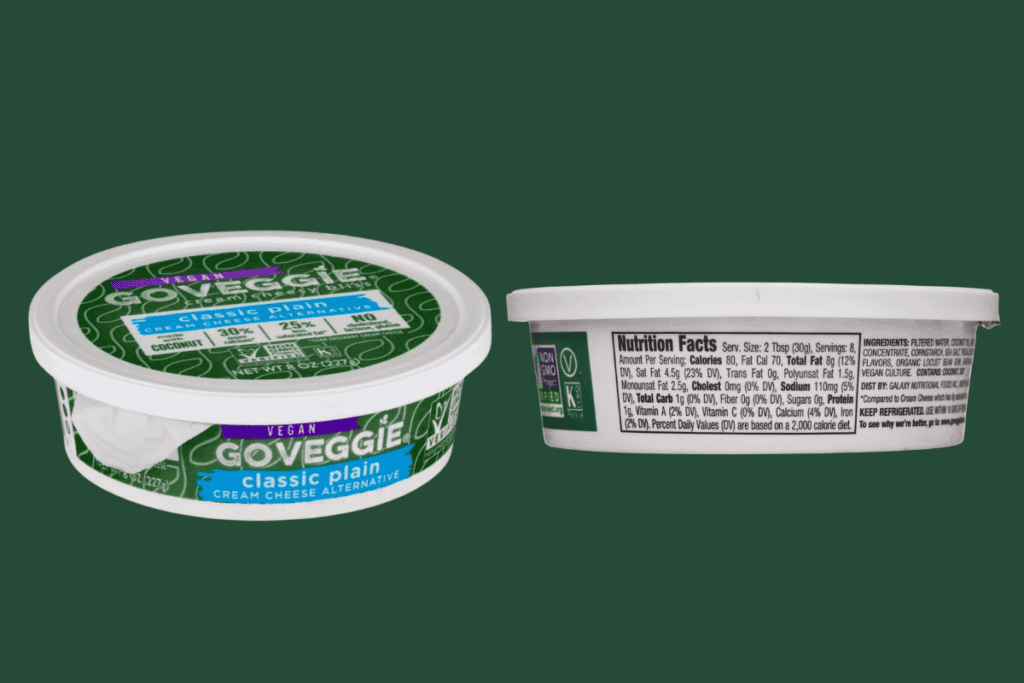 GoVeggie! vegan cream cheese packaging and nutrition facts.