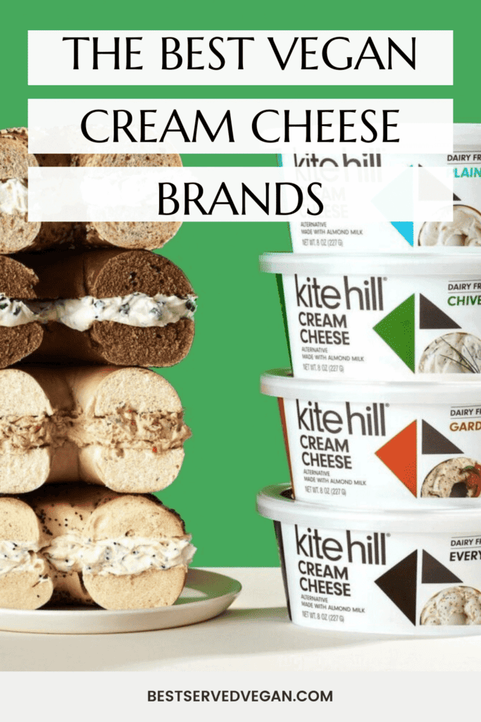 Vegan cream cheese brands Pinterest graphic with imagery and text.