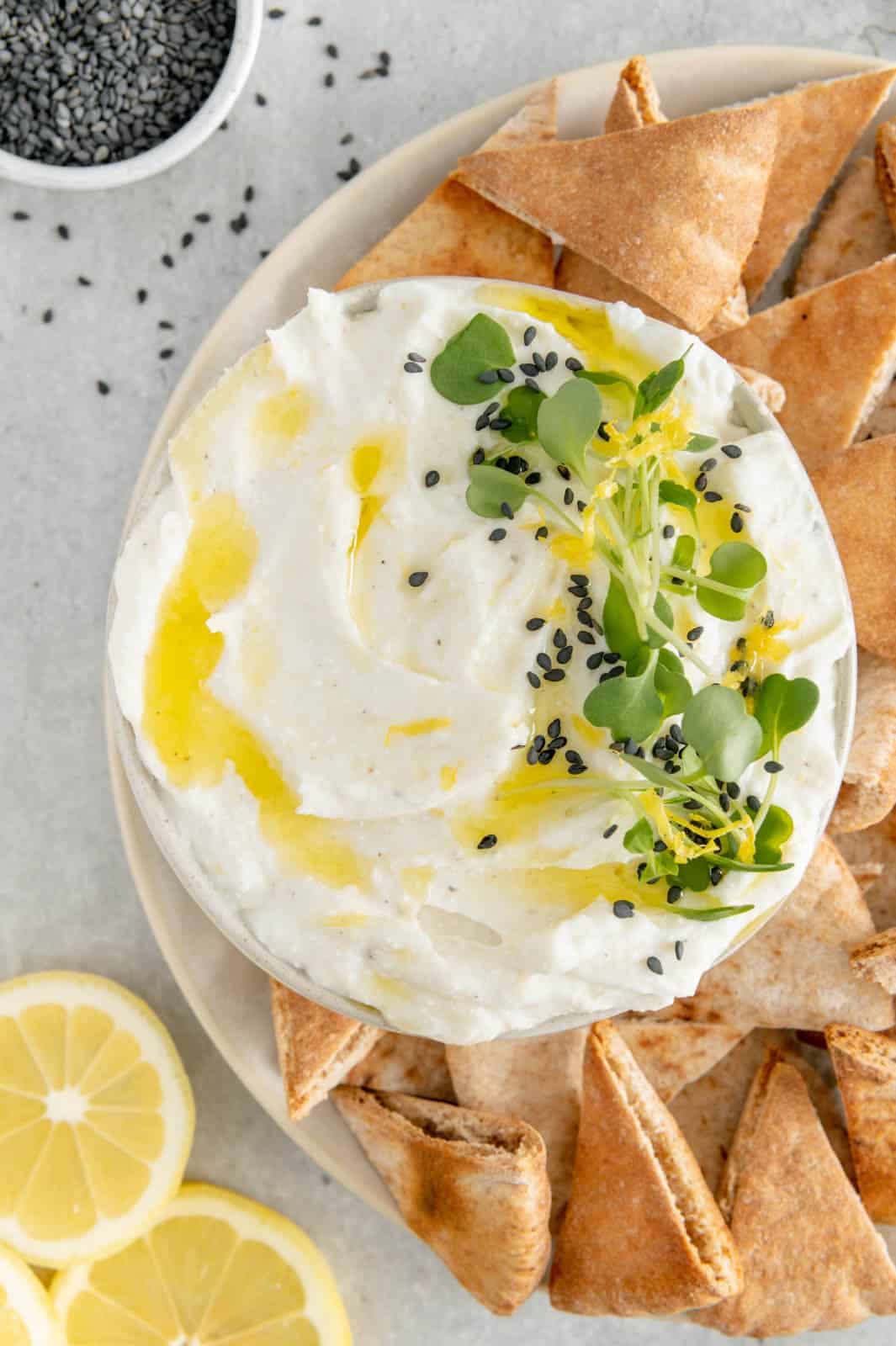 A shareable vegan party appetizer for whipped feta dip with pita.