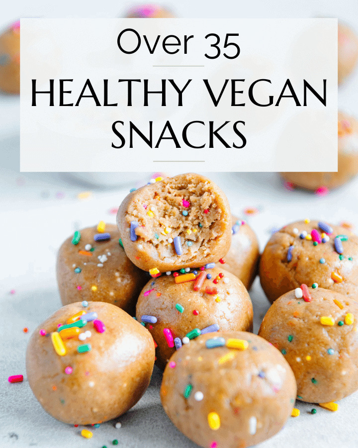 Healthy vegan snacks Pinterest graphic with imagery and text.
