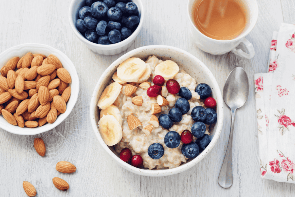 Oatmeal with fresh fruit and almonds.