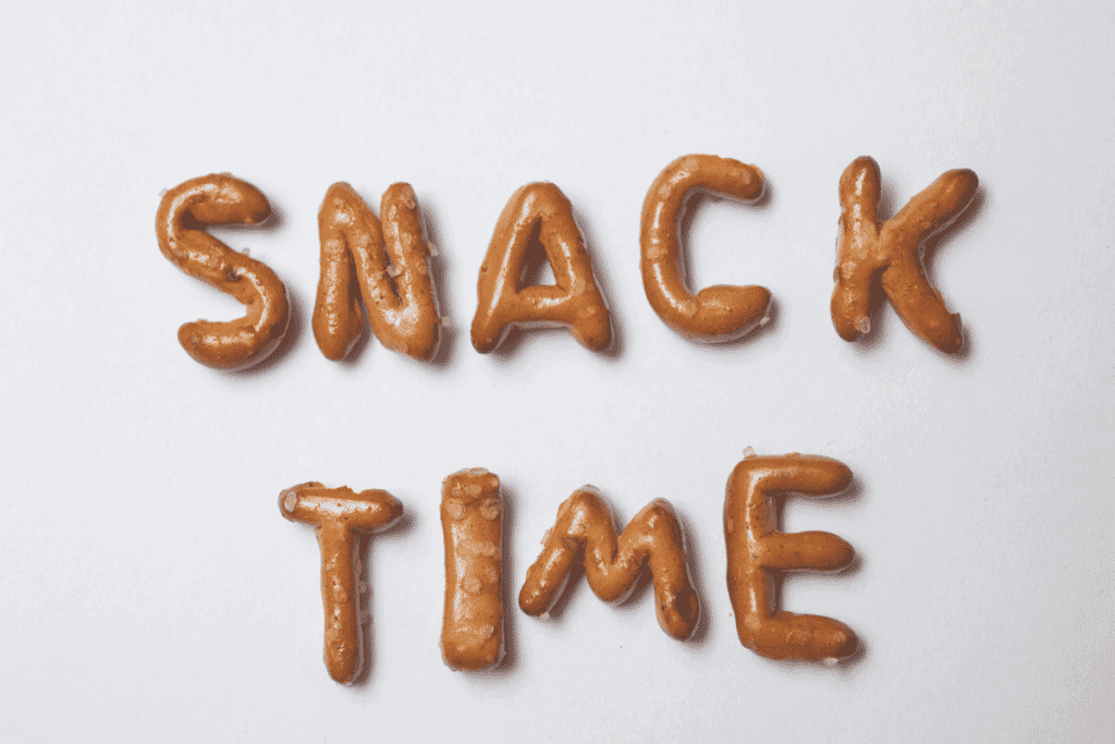 "Snack time" spelled out with pretzels.