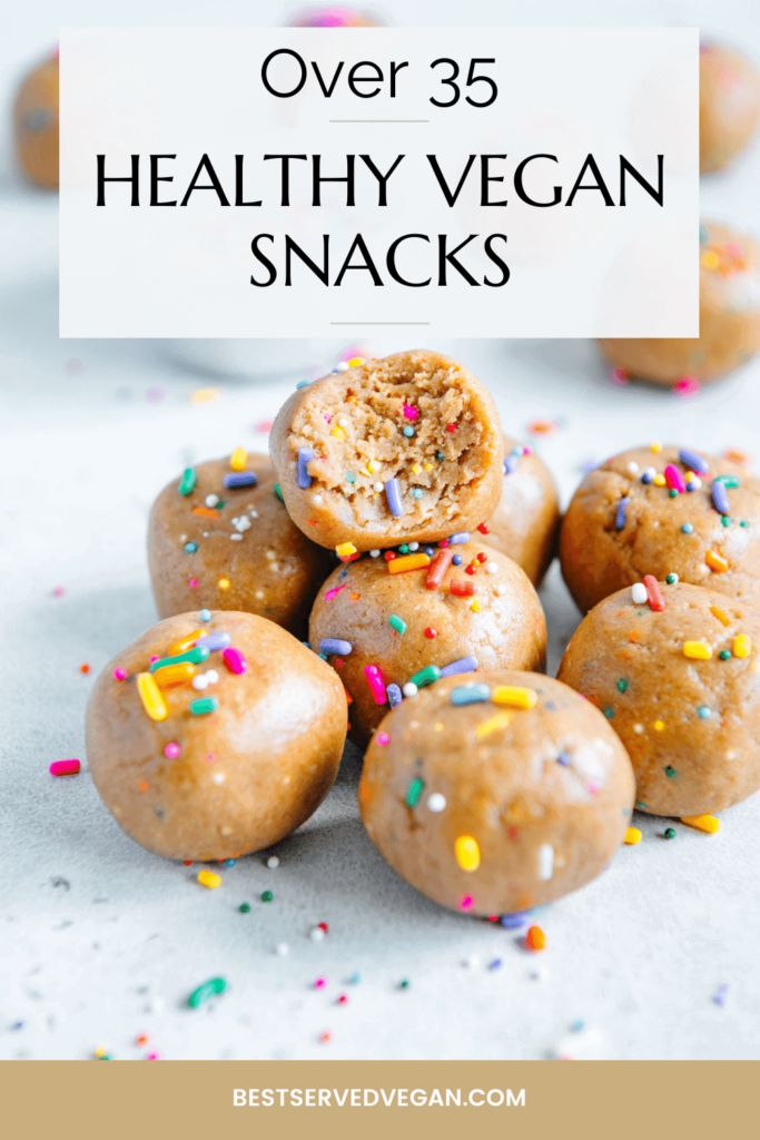 Healthy vegan snacks Pinterest graphic with imagery and text.