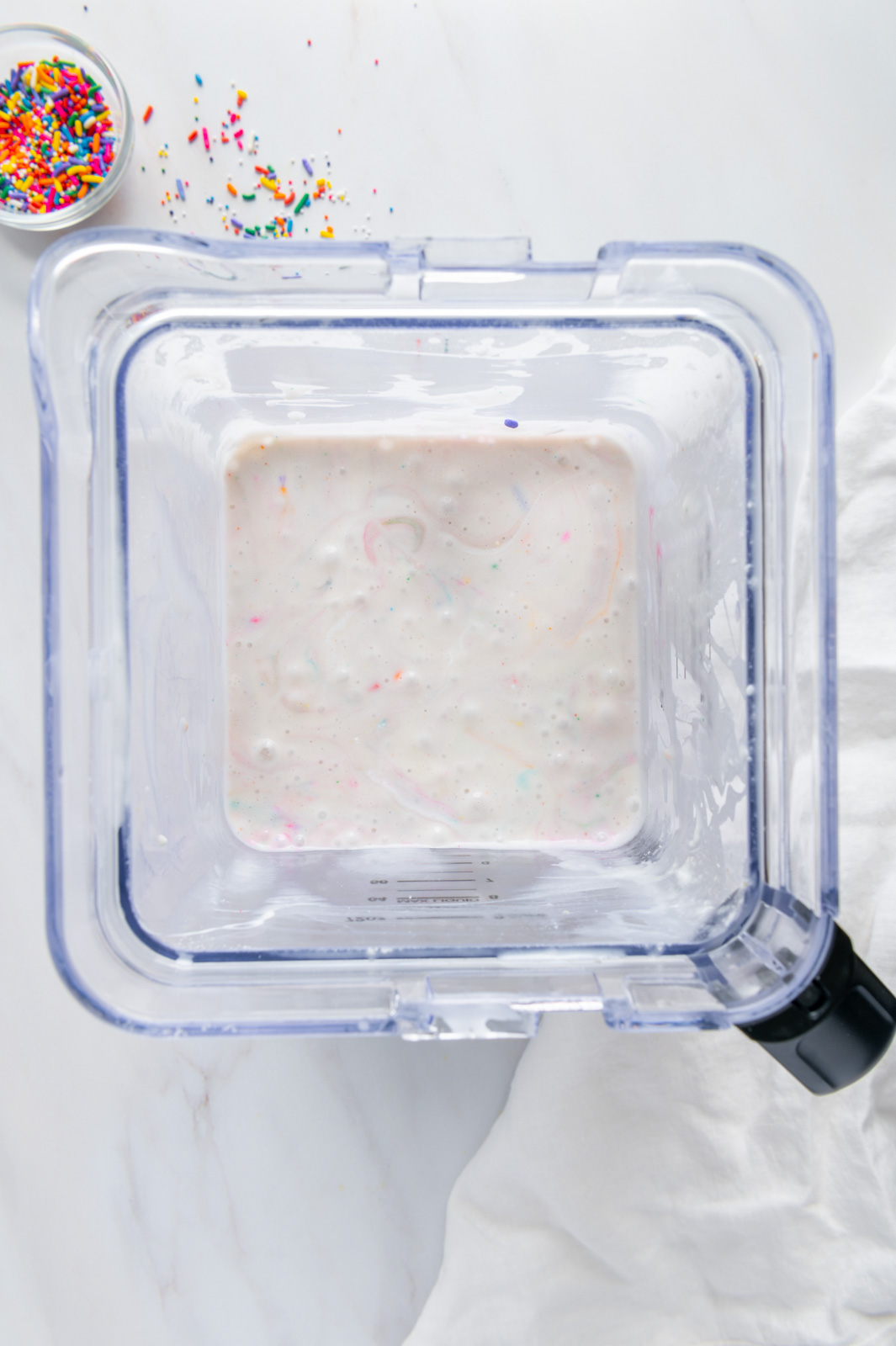 Cake batter ice cream in a high-speed blender.