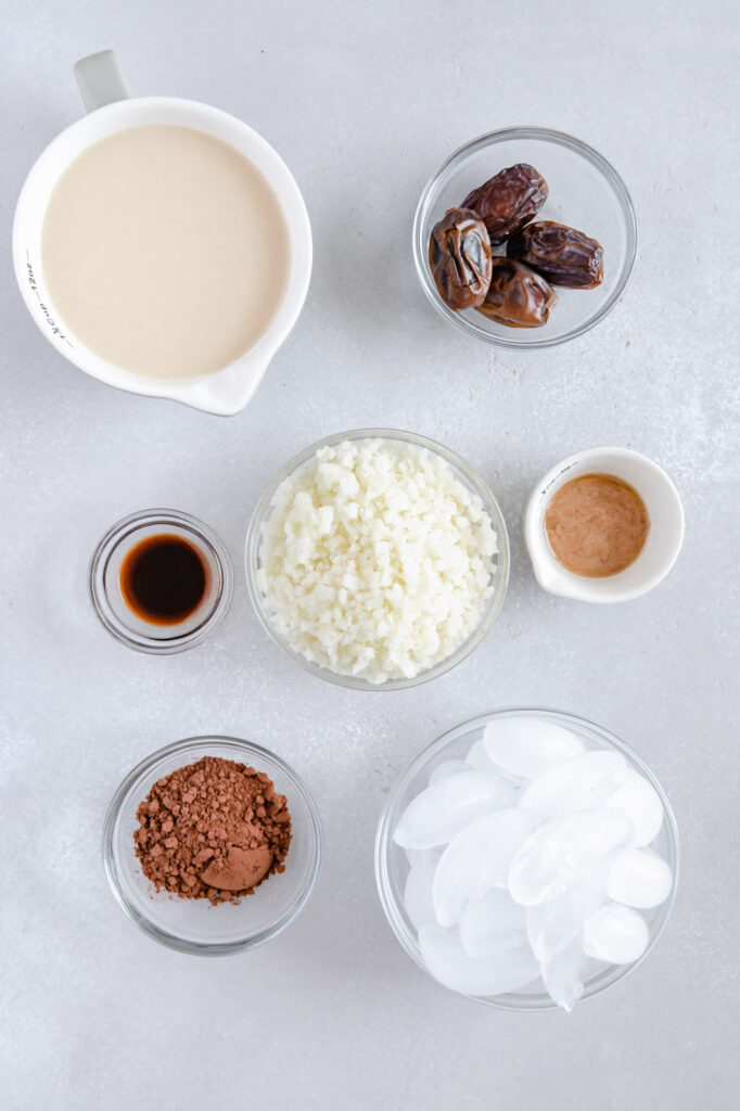 Ingredients to make a vegan chocolate milkshake.