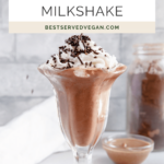 Vegan chocolate milkshake Pinterest graphic with imagery and text.